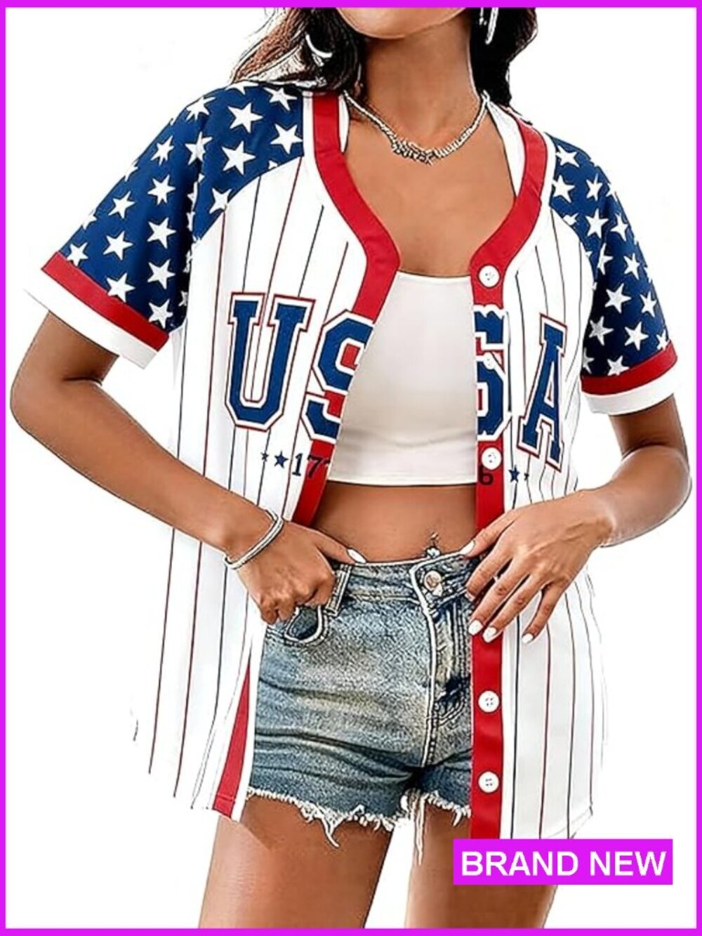 Button Down Jersey Shirt Patriotic USA Short Sleeve Baseball Tee Top
